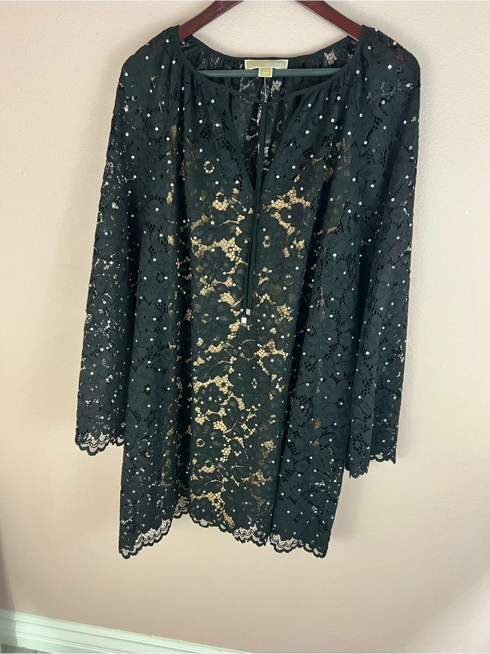 Michael Kors Studded Corded Floral Lace V-Neck Dress Black